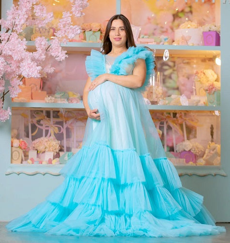 G933, Light Blue Ruffled Maternity Shoot Gown, Size: All, Color: All