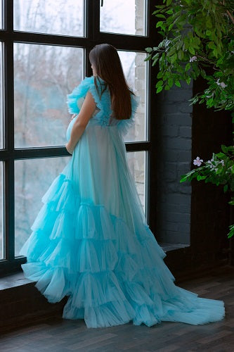G933, Light Blue Ruffled Maternity Shoot Gown, Size: All, Color: All