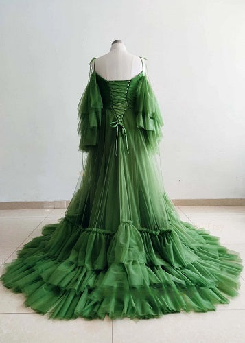 G1244, Olive Green Ruffled Shoot Trail Gown, Size: All, Color: All