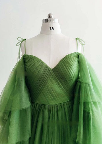 G1244, Olive Green Ruffled Shoot Trail Gown, Size: All, Color: All