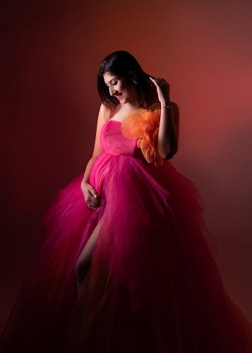 G1039, Magenta and Mustard Twin Colour Slit Cut Maternity Shoot Gown, Size: All, Color: All