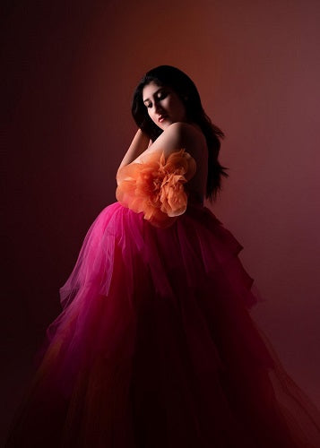 G1039, Magenta and Mustard Twin Colour Slit Cut Maternity Shoot Gown, Size: All, Color: All