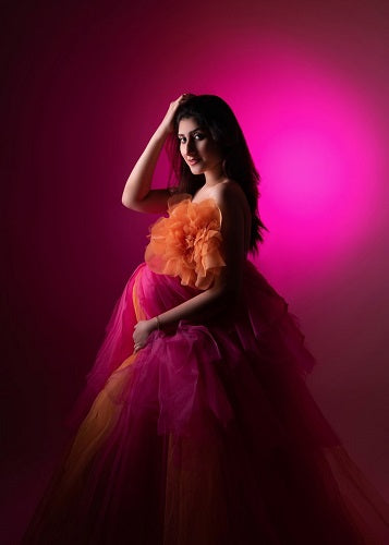 G1039, Magenta and Mustard Twin Colour Slit Cut Maternity Shoot Gown, Size: All, Color: All