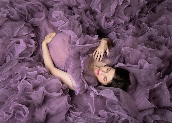 G1420, Luxury Purple Ruffled maternity shoot trail gown With Inner, Size: All, Color: All