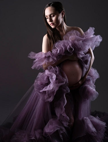 G1420, Luxury Purple Ruffled maternity shoot trail gown With Inner, Size: All, Color: All