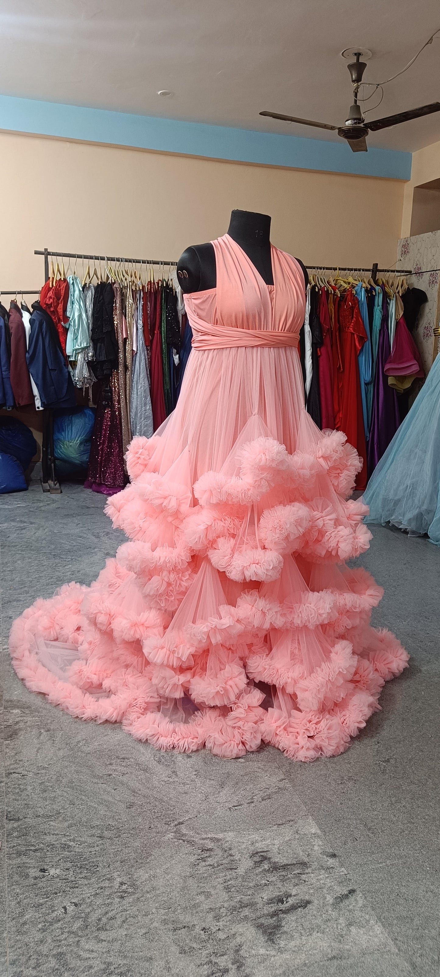G2055, Pink Peach Luxury Ruffled maternity Shoot Trail Gown , (All Sizes)pp