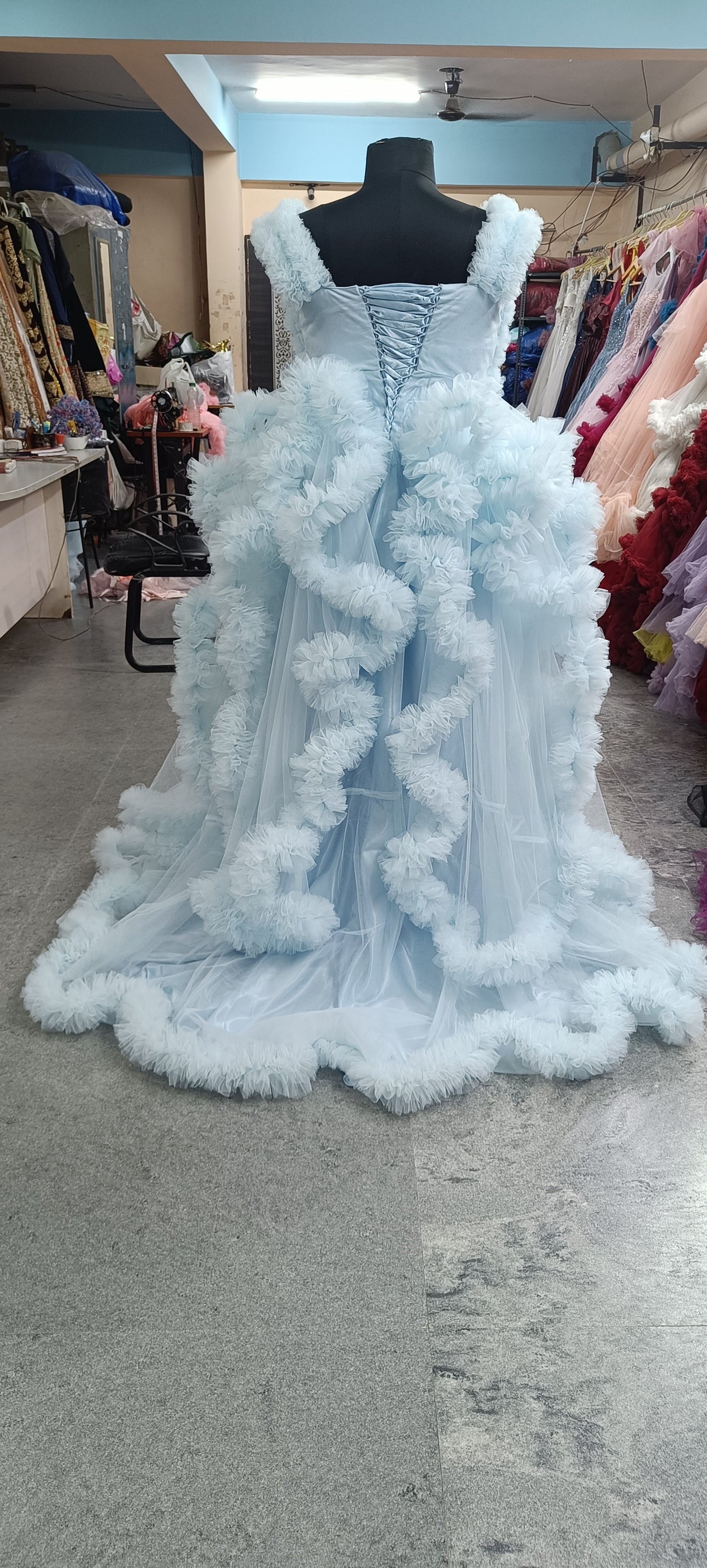 G2056, Sky blue Ruffled maternity Shoot Trail Gown With Inner, (All Sizes)pp