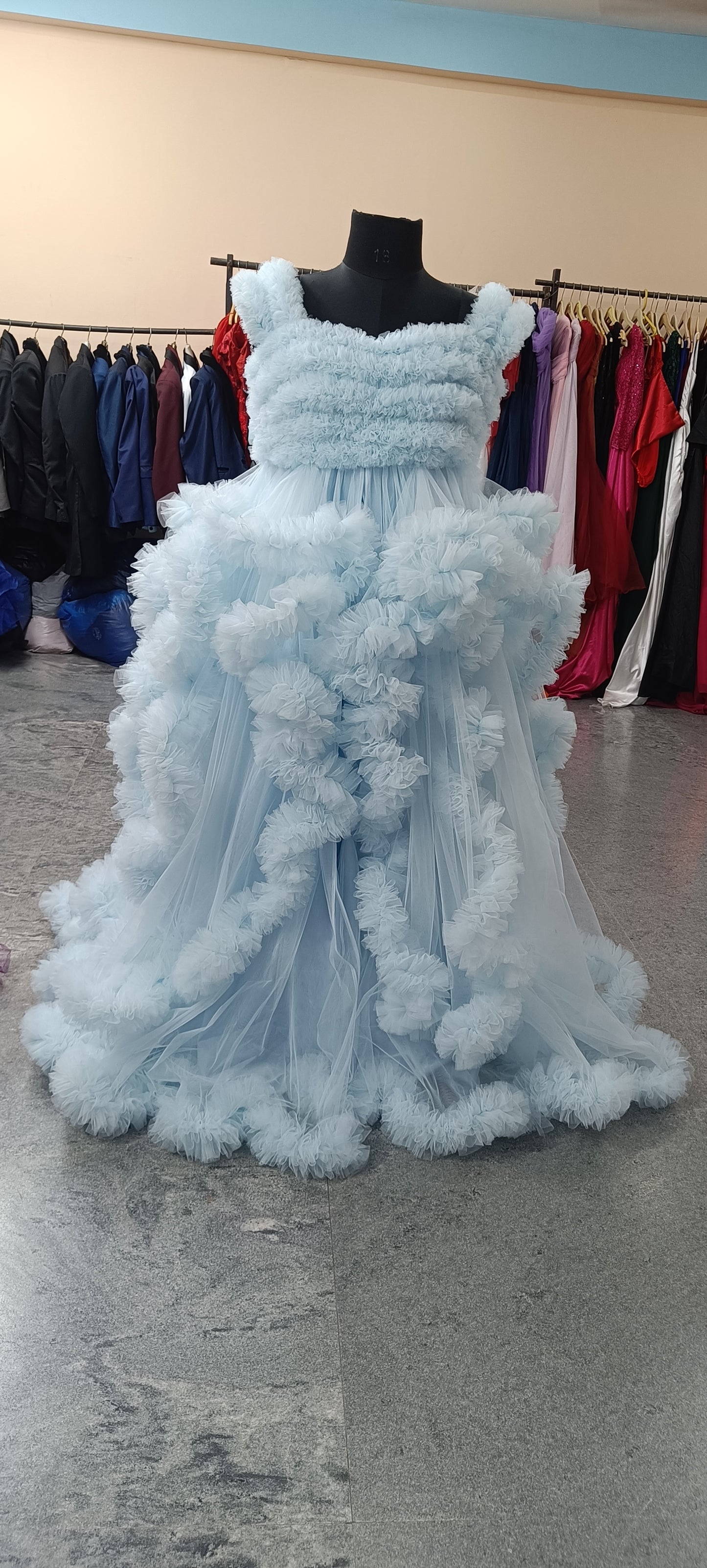 G2056, Sky blue Ruffled maternity Shoot Trail Gown With Inner, (All Sizes)pp
