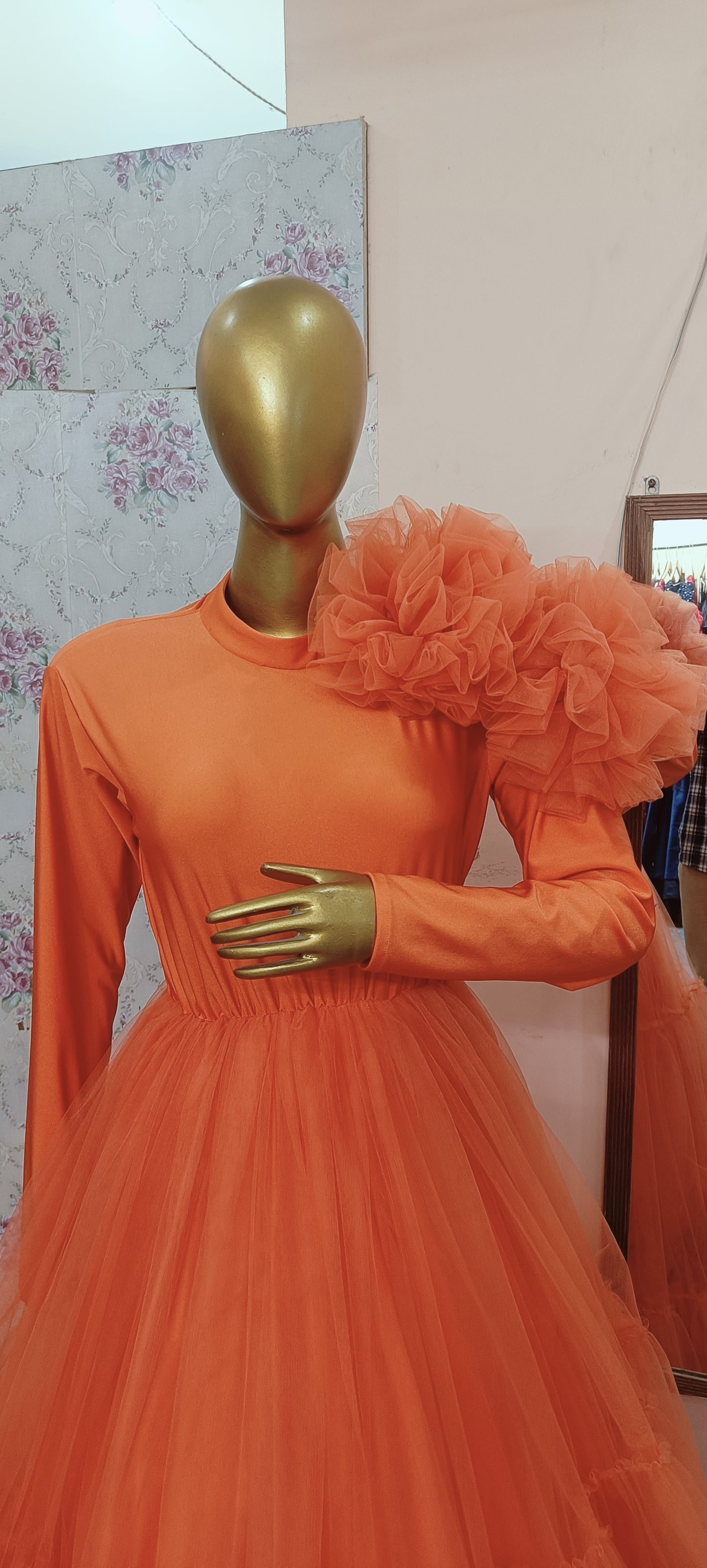 G4024, Orange Frills maternity Trail Gown, (All Sizes)pp