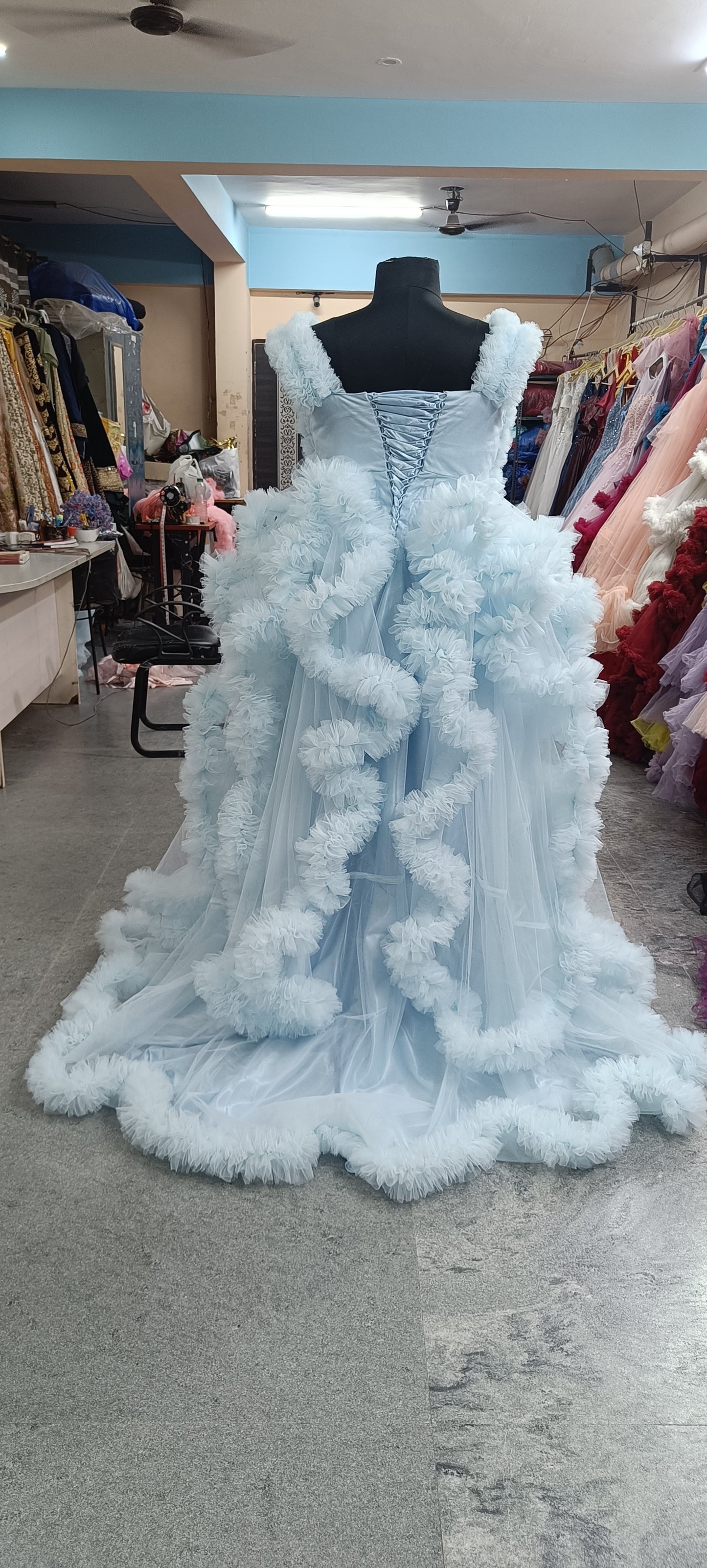 G2056, Sky blue Ruffled maternity Shoot Trail Gown With Inner, (All Sizes)pp