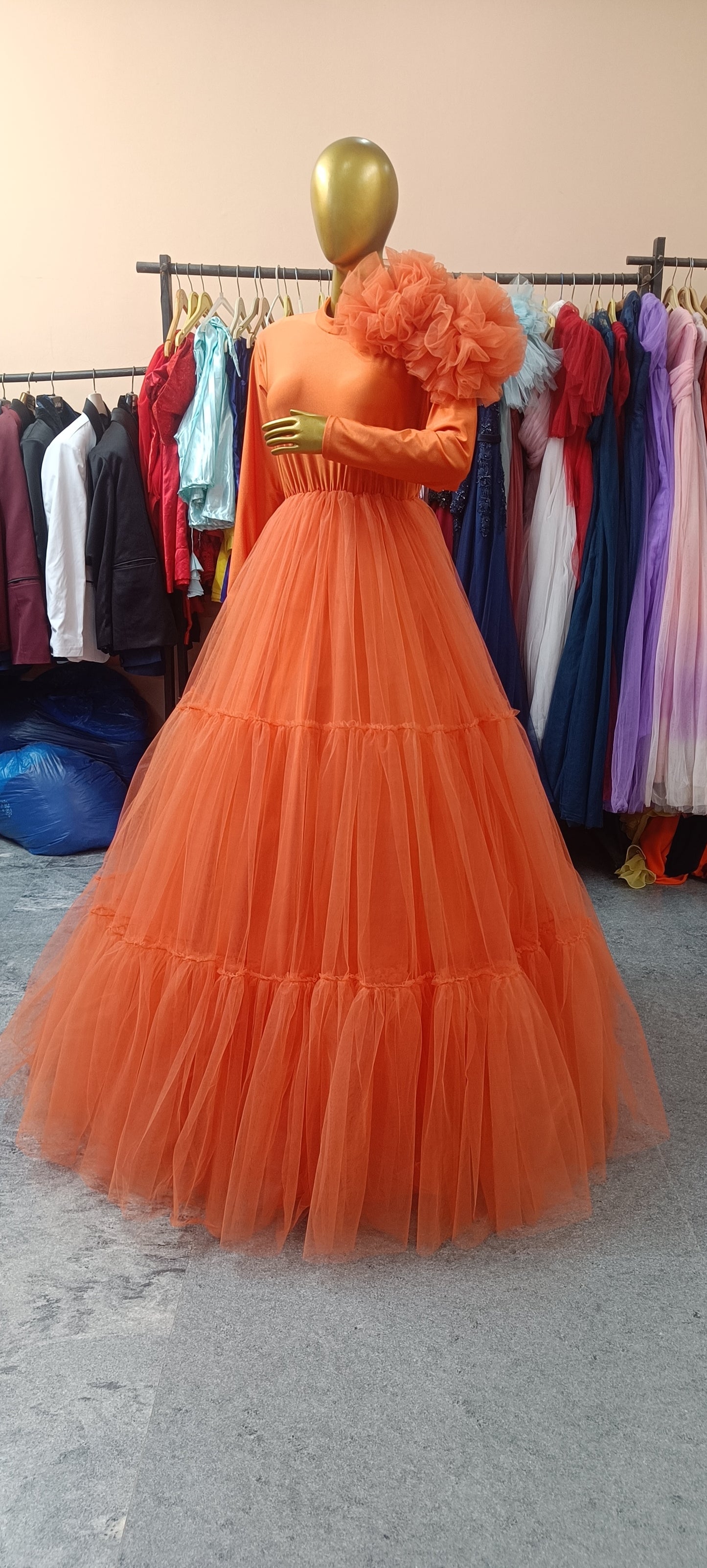 G4024, Orange Frills maternity Trail Gown, (All Sizes)pp