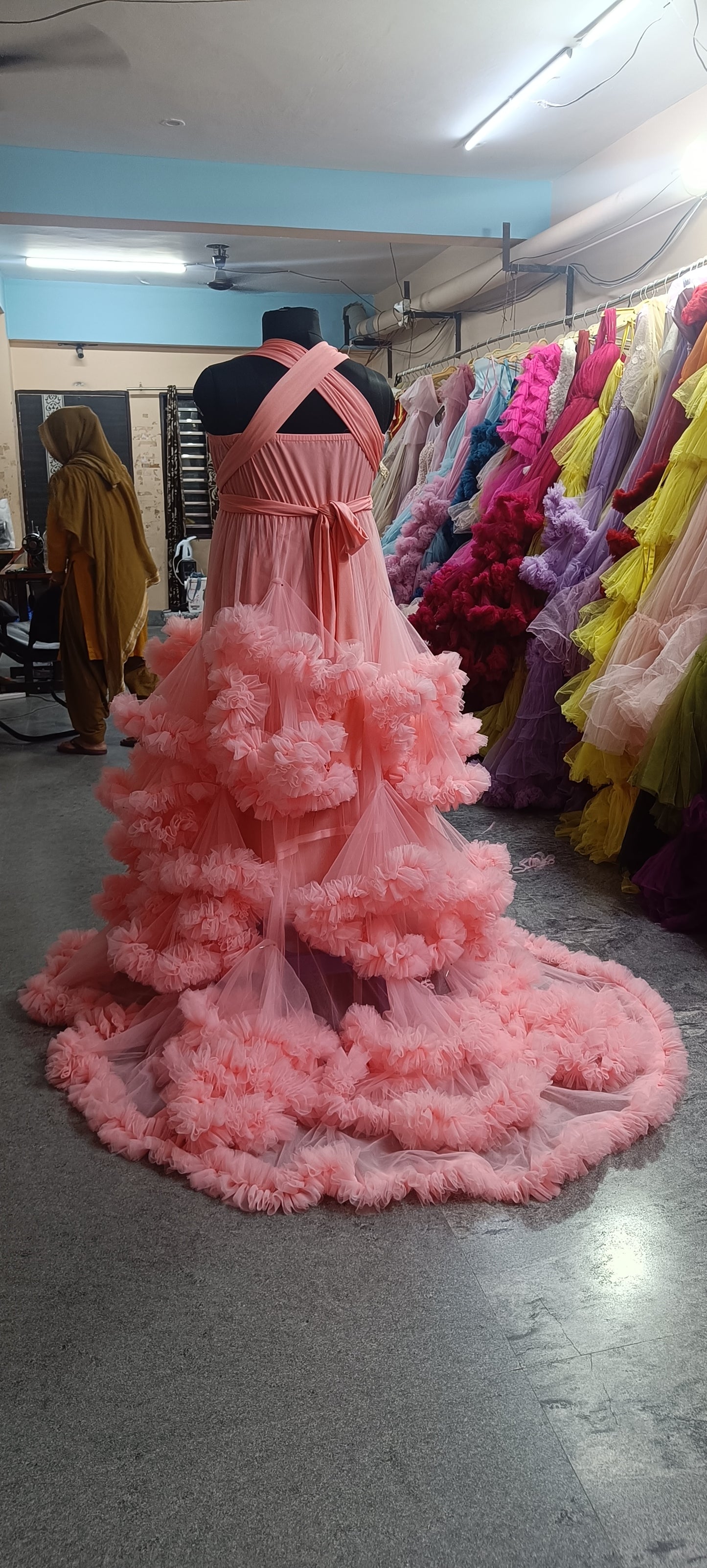 G2055, Pink Peach Luxury Ruffled maternity Shoot Trail Gown , (All Sizes)pp