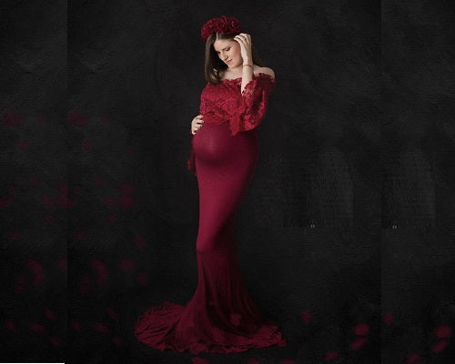 G208, Wine Os Full Sleeves Maternity Shoot Trail Baby Shower Lycra Body Fit Gown, Size: All, Color: All