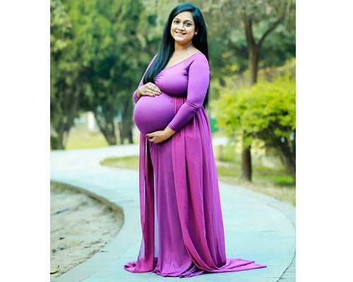 G41,Purple Maternity shoot Baby Shower Lycra Body Fit Gown, Size: All, Color: All