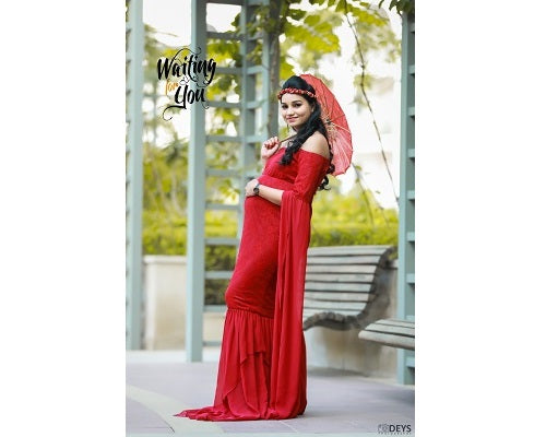 G223, Wine Red Floor Tuch Sleeves Maternity Shoot Trail Baby Shower Lycra Fit Gown, Size: All, Color: All
