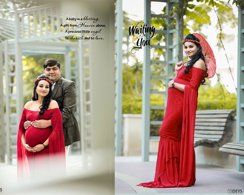 G223, Wine Red Floor Tuch Sleeves Maternity Shoot Trail Baby Shower Lycra Fit Gown, Size: All, Color: All
