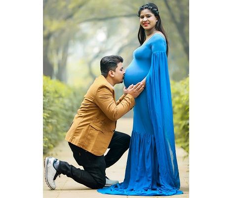 G207, Navy Blue Maternity Shoot Baby Shower Trail Lycra Fit Gown, Size: All, Color: All