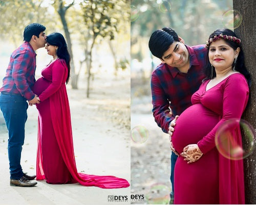 G44 ,Wine Maternity shoot Baby Shower Lycra Body Fit Gown, Size: All, Color: All