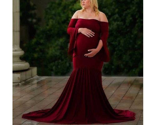 G209, Wine Off Shoulder Maternity Shoot Trail Baby Shower Gown, Size: All, Color: All