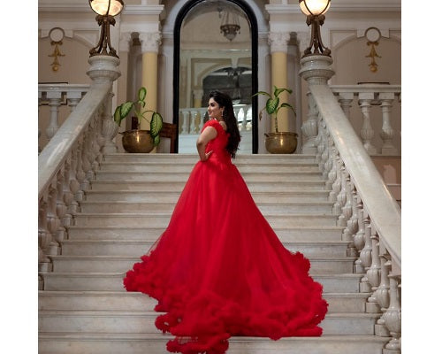 G137, Luxury Red Puffy Cloud Trail Ball Gown, Size: All, Color: All