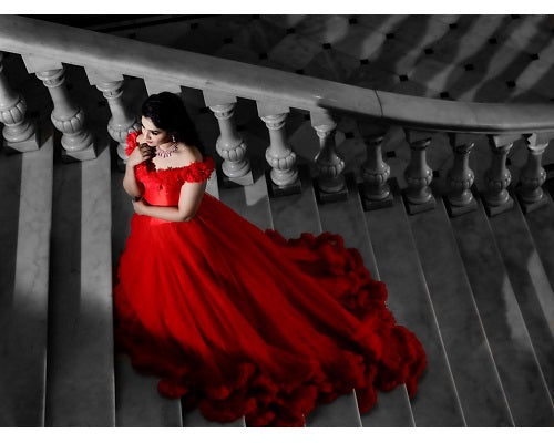 G137, Luxury Red Puffy Cloud Trail Ball Gown, Size: All, Color: All