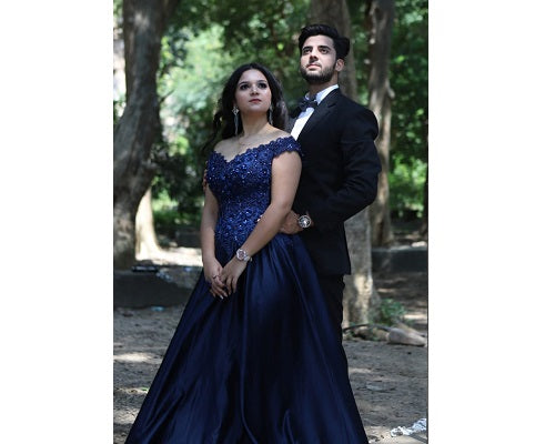 G132, Navy Blue Satin Off Shoulder Trail Ball gown Size: All, Color: All
