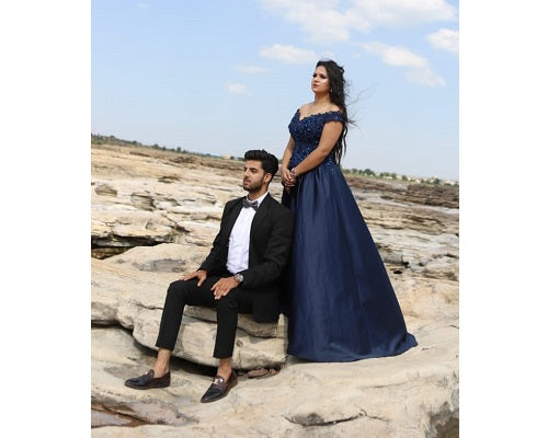 G132, Navy Blue Satin Off Shoulder Trail Ball gown Size: All, Color: All