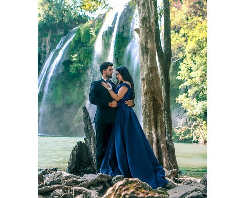 G132, Navy Blue Satin Off Shoulder Trail Ball gown Size: All, Color: All