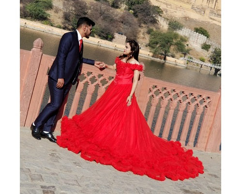 G137, Luxury Red Puffy Cloud Trail Ball Gown, Size: All, Color: All