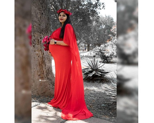 G246,Red Wine Maternity Shoot Baby Shower Trail Lycra Fit Gown, Size: All, Color: All