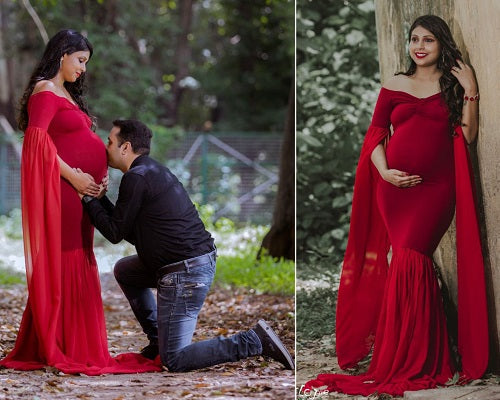 G181, Wine Maternity Shoot Long Sleeves Trail Baby Shower Gown, Size: All, Color: All