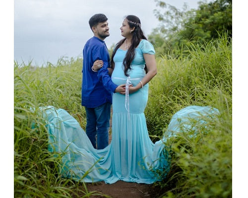 G49,Light Green Maternity Shoot Baby Shower Trail Lycra Fit Gown, Size: All,Color: All