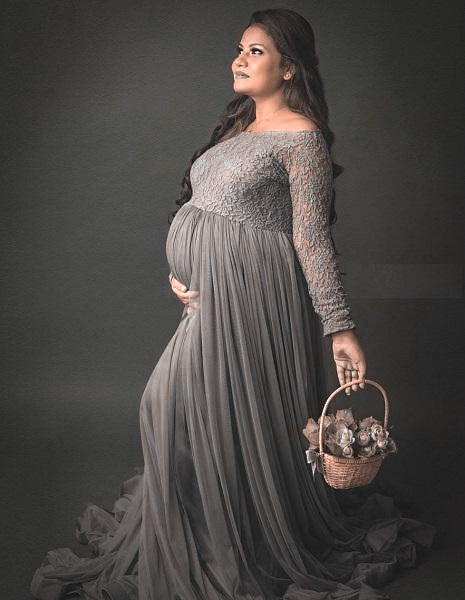 G445, Grey Maternity Shoot Baby Shower Trail Lycra Fit Gown, Size: All, Color: All