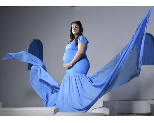 G46,Blue Maternity Shoot Trail Baby Shower Lycra Body Fit Gown, Size: All,Color: All