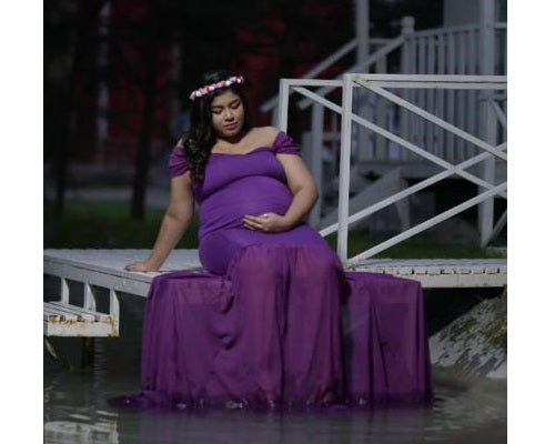 G218,Purple Maternity Shoot Trail Baby Shower Lycra Fit Gown, Size: All, Color: All