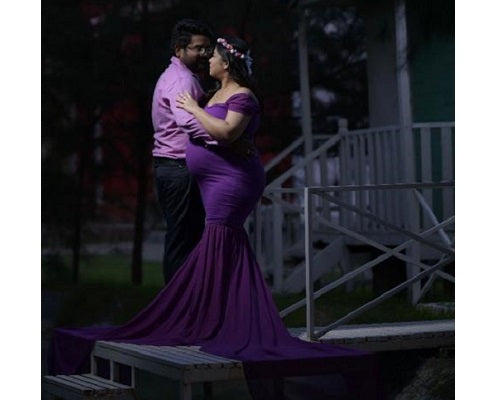 G218,Purple Maternity Shoot Trail Baby Shower Lycra Fit Gown, Size: All, Color: All