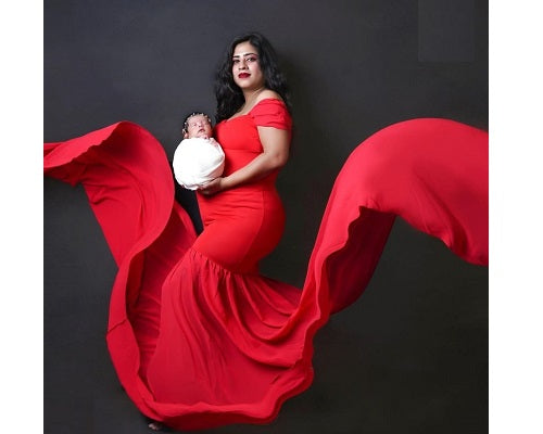 G215, Red Maternity Shoot Trail Baby Shower Lycra Fit Gown, Size: All, Color: All