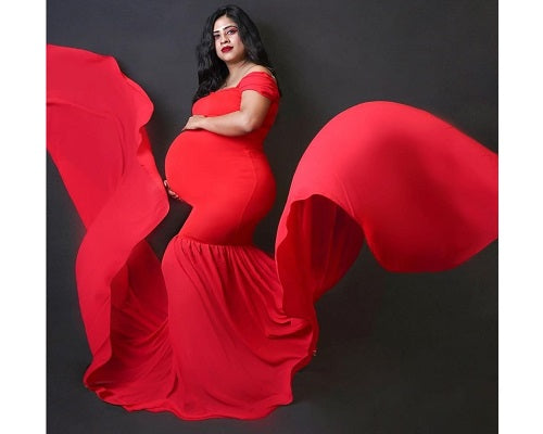 G215,Red Maternity Shoot Trail Baby Shower Lycra Body Fit Gown, Size: All, Color: All