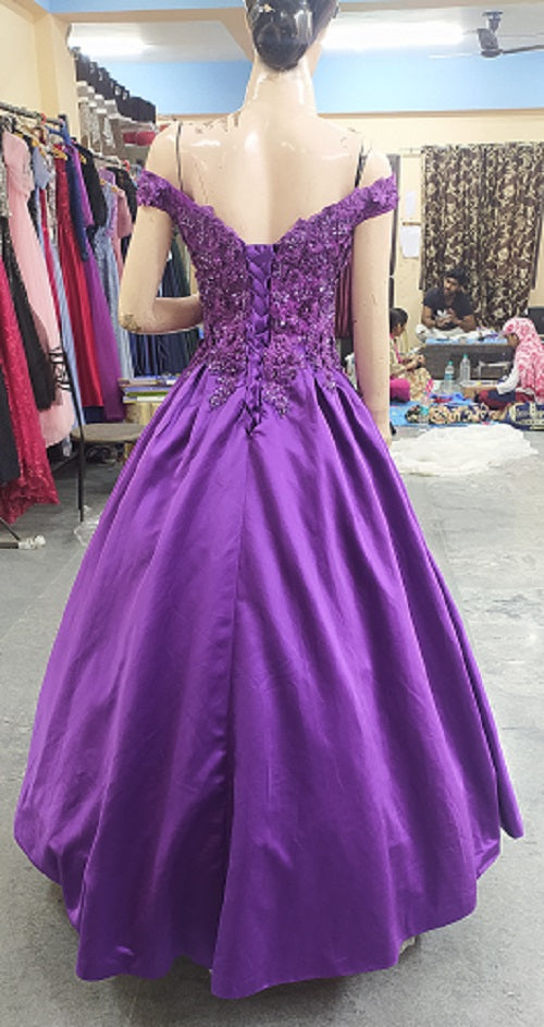G131,Purple Satin Off Shoulder Ball gown, Size: All, Color: All
