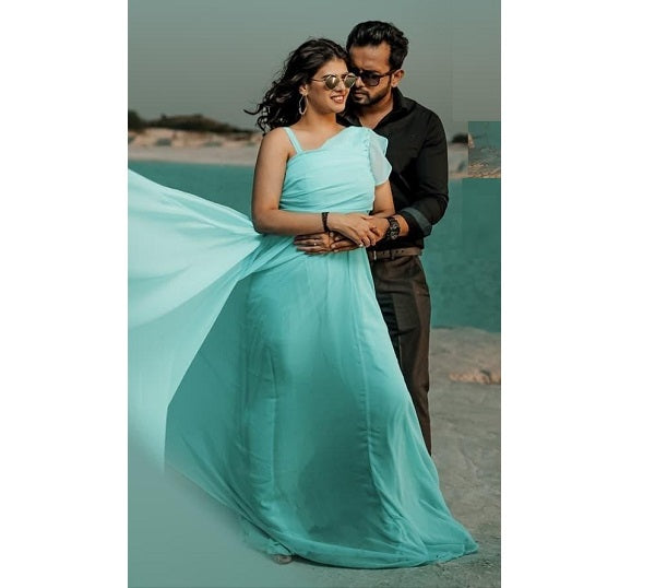 G375, Ocean Green One Shoulder Prewedding Long Trail Gown, Size: All, Color: All