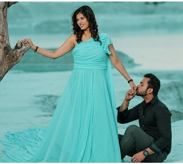 G375, Ocean Green One Shoulder Prewedding Long Trail Gown, Size: All, Color: All