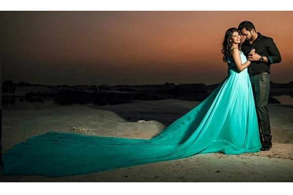 G375, Ocean Green One Shoulder Prewedding Long Trail Gown, Size: All, Color: All