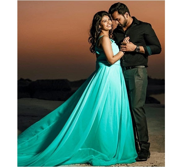 G375, Ocean Green One Shoulder Prewedding Long Trail Gown, Size: All, Color: All