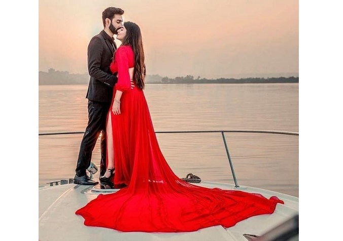 G603, Red Slit Cut Semi Offshoulder Prewedding Long Trail Gown, Size: All, Color: All
