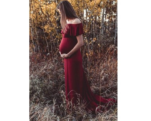 G42, Long Off Shoulder Wine Maternity shoot Baby Shower Lycra Body Fit Gown, Size: All, Color: All