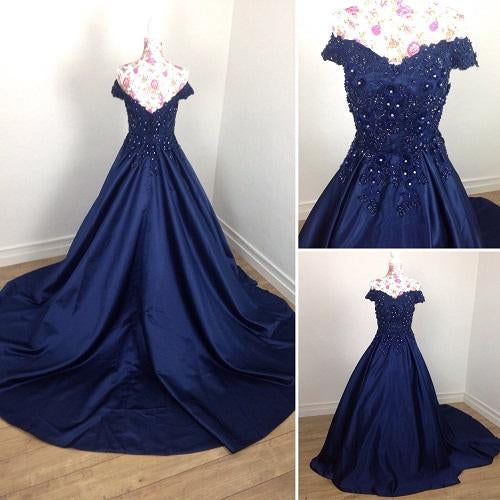 G132, Navy Blue Satin Off Shoulder Trail Ball gown, Size: All, Color: All