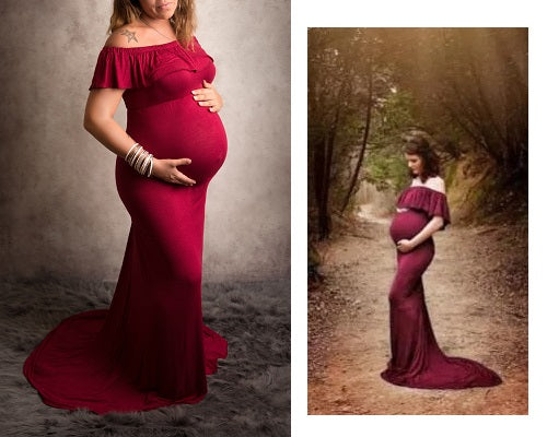 G42,  Long Off Shoulder Wine Maternity shoot Baby Shower Lycra Body Fit Gown, Size: All, Color: All