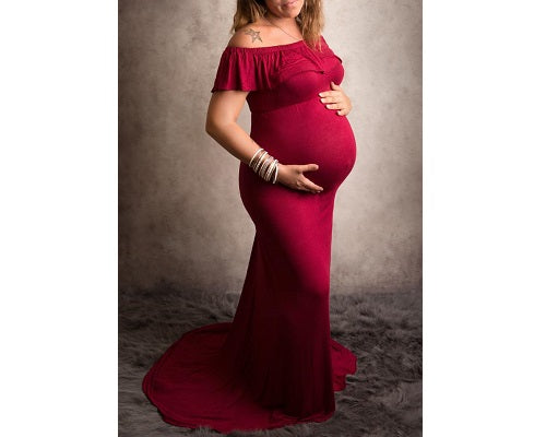 G42, Long Off Shoulder Wine Maternity shoot Baby Shower Lycra Body Fit Gown, Size: All, Color: All