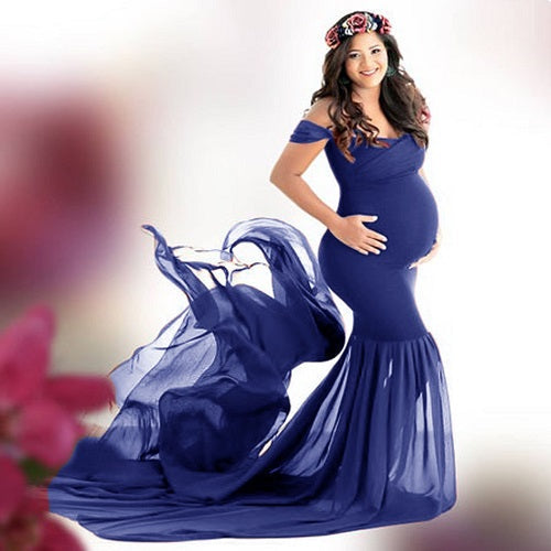G344, Blue Maternity Shoot Baby Shower Trail Lycra Body Fit Gown, Size: All, Color: All