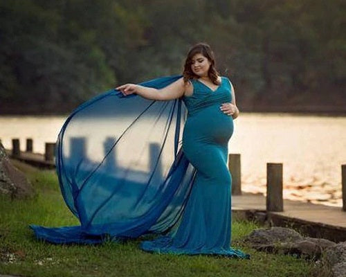 G222, Cyan Blue Maternity Veil Trail Baby Shower Gown, Size: All, Color: All